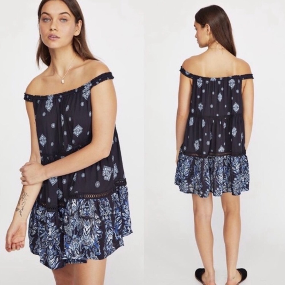 New Free People Talk To Me Trapeze Mini Dress Blue Paisley Print Off Shoulder XS